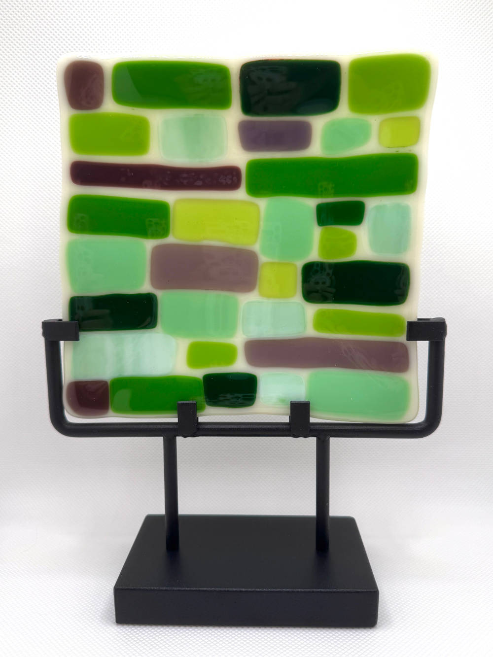 Green and purple brick pattern fused glass art plate